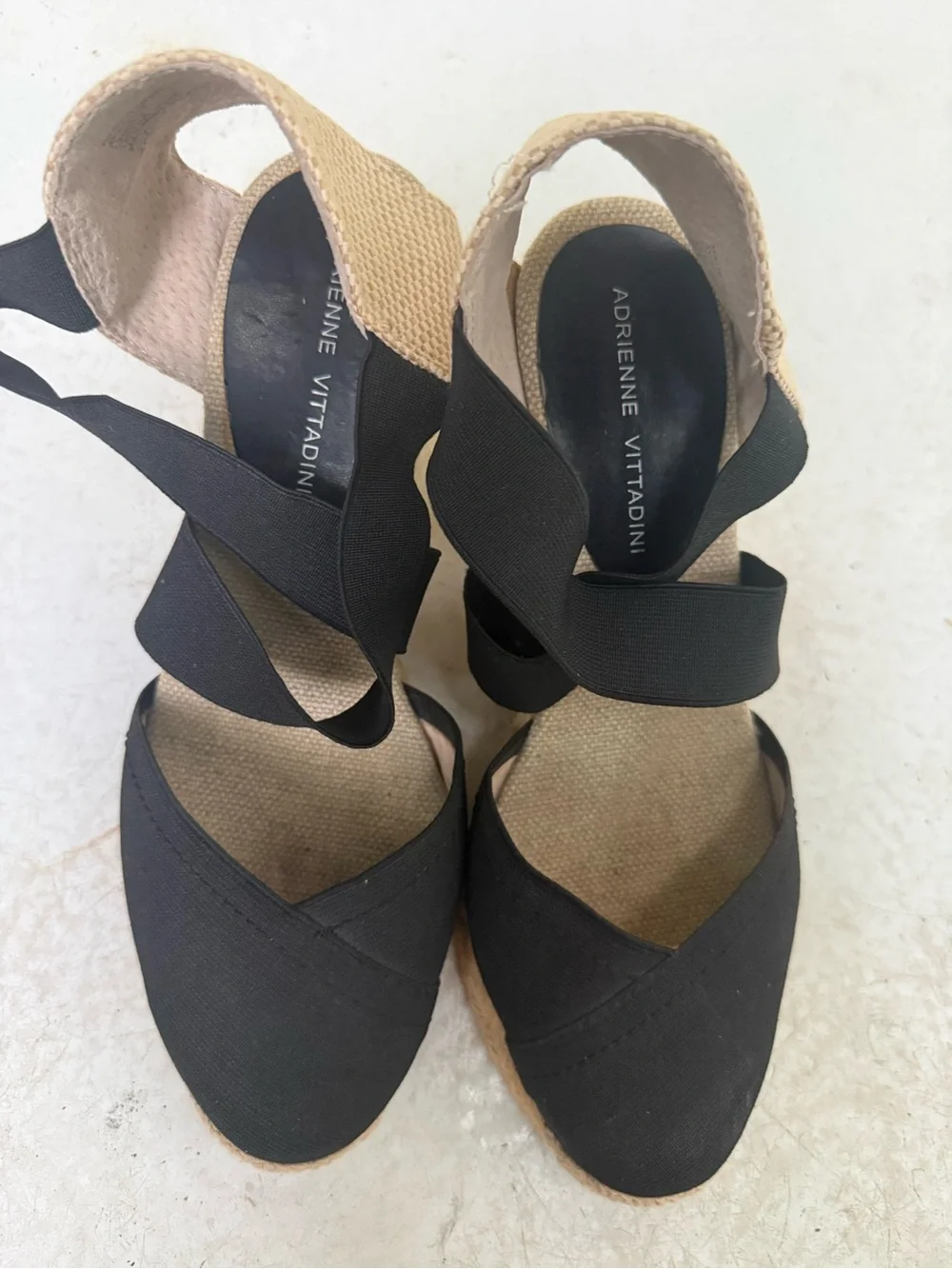 Adrienne Vittadini Black and Beige Espadrille Wedge Sandals